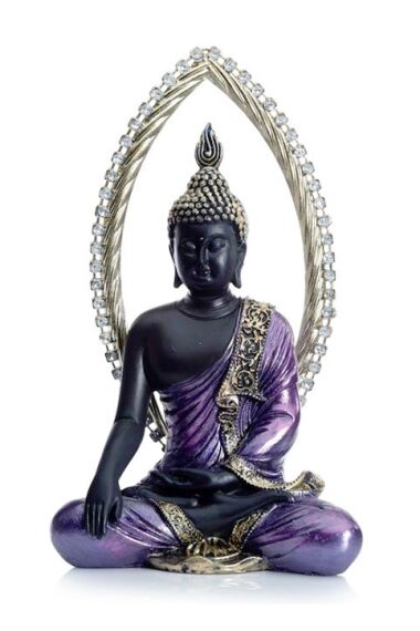 Buddha Staty i Lila med Kristaller