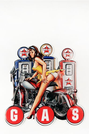 Retro Metallskylt Pin Up Girl Motorbike GAS